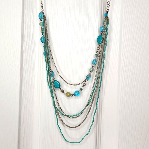 Turquoise and silver necklace multiple strands beaded necklace - Picture 2 of 6